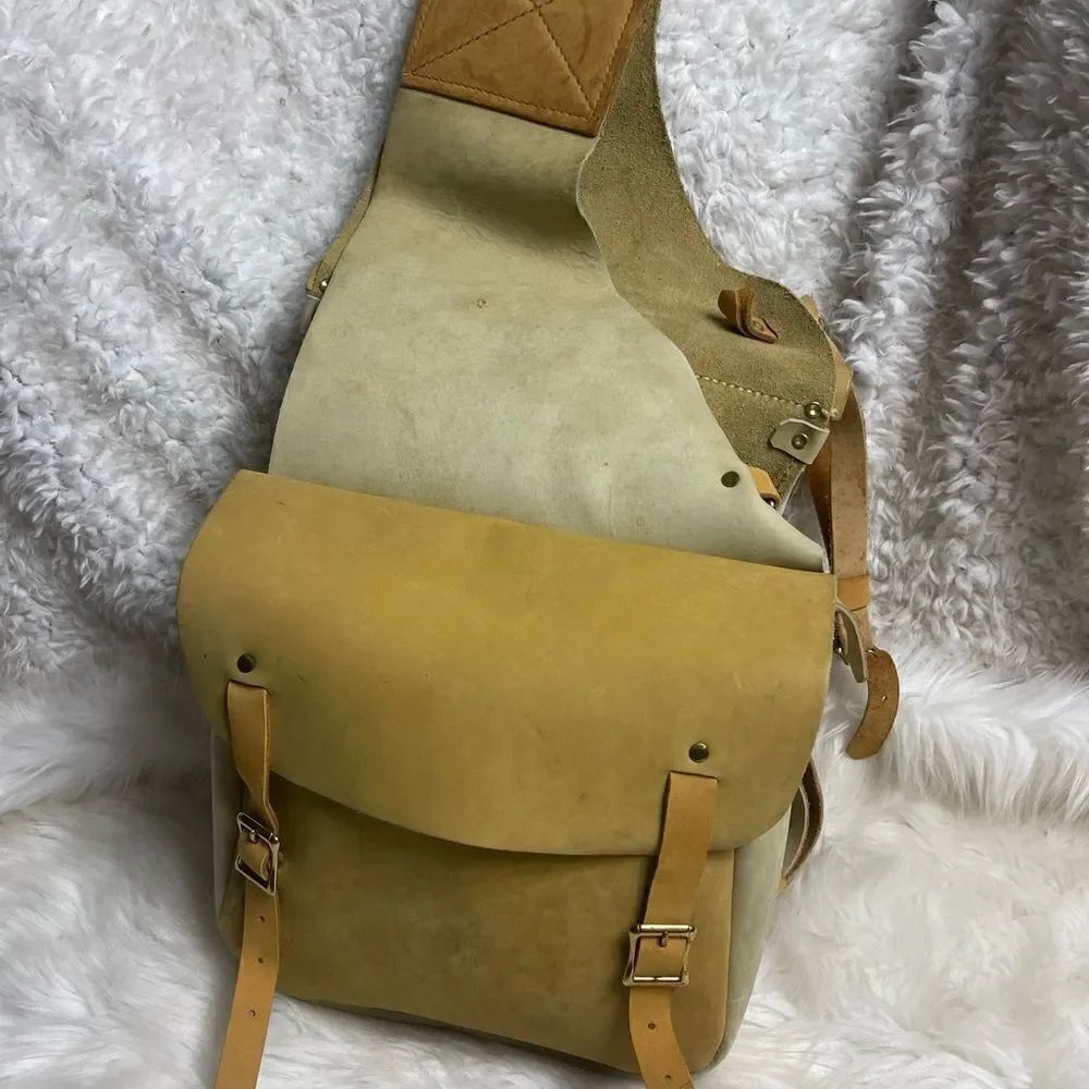 Western Horse leather suede saddle Bag two tone khaki & tan gold tone hardwares